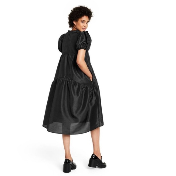 NWOT Kika Vargas x Target Tiered Ruffle Edge Puff Sleeve Midi Black Dress - Picture 8 of 16